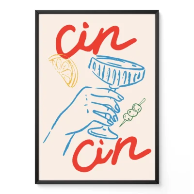 Illustration of a hand holding a cocktail glass with lemon and the phrase 'cin cin' in red and blue.