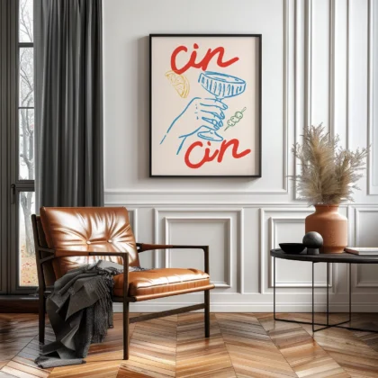 A modern living room with a brown leather chair, a side table, and a colorful artwork on the wall.