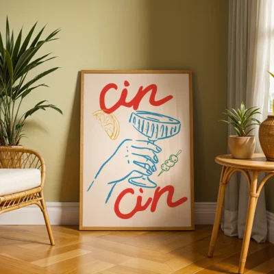 An artistic print of a hand holding a cocktail glass, with the word 'cin' in red.