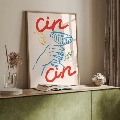 An artistic depiction of a hand holding a cocktail glass with 'cin cin' text and decorative elements