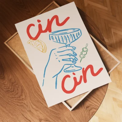 An artistic illustration of a hand holding a cocktail glass with a lemon slice and an olive, with the word 'cin' in bold red letters.