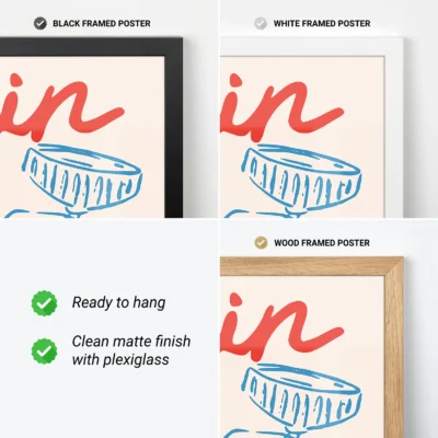 Three framed posters in different colors: black, white, and wood, with features labeled 'Ready to hang' and 'Clean matte finish with plexiglass.'