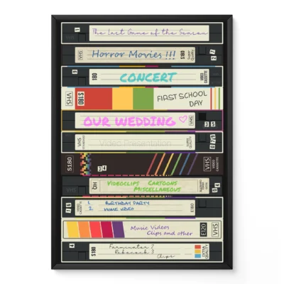 A collection of VHS tapes with handwritten labels representing different events and themes.