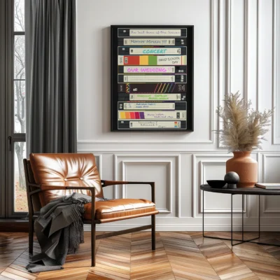 A cozy living room with a vintage-themed decor, featuring a brown leather chair, a stack of vintage VHS tapes on the wall, and a modern round black table with a vase.