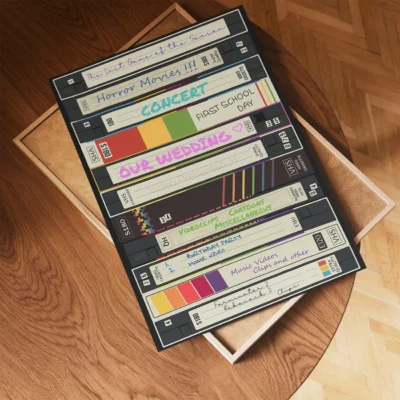 A collection of labeled VHS tapes on a wooden surface, showcasing titles of personal memories.