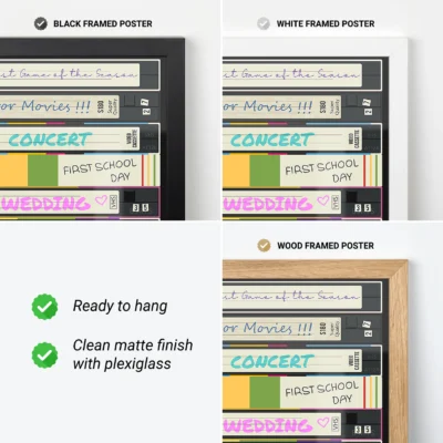 Three framed posters in black, white, and wood frames with colorful labels and descriptions about their features.