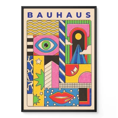 A colorful abstract poster inspired by Bauhaus featuring geometric shapes, an eye, mountains, and various patterns in bright colors.