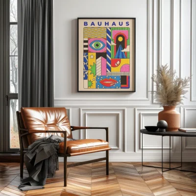 Stylish interior with a Bauhaus art poster, a brown leather chair, and a decorative plant