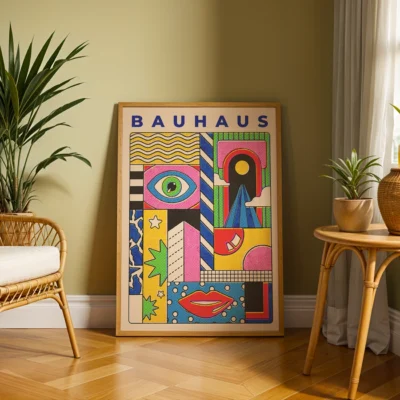 A colorful Bauhaus art print framed and placed against a light green wall, surrounded by indoor plants and natural light.
