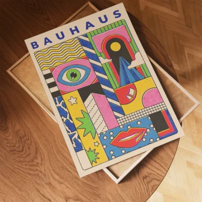Colorful Bauhaus art cover featuring geometric patterns and an eye illustration
