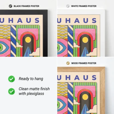 Three framed poster options displayed side by side: black framed poster, white framed poster, and wood framed poster featuring abstract art.