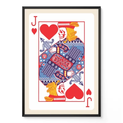 Illustration of the Jack of Hearts playing card with colorful designs and elements