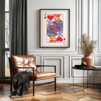 Framed Jack of Hearts playing card illustration in a modern living room