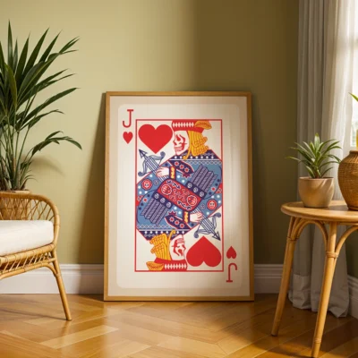 An art print of a Jack of Hearts playing card framed on a wall, with rattan furniture and a potted plant in the room.