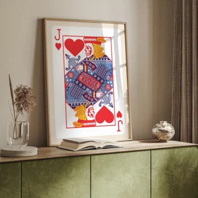 Artistic depiction of the Jack of Hearts playing card in a frame, surrounded by indoor plants and furniture.