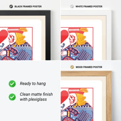A collage of black, white, and wood framed posters with colorful illustrations, marked as ready to hang.