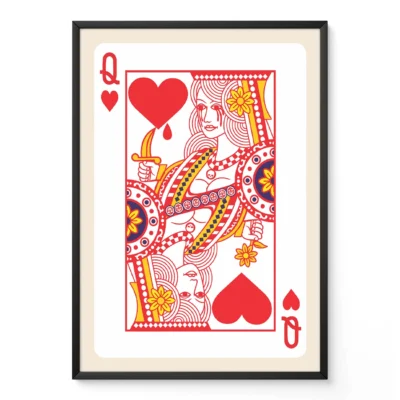 Illustration of the Queen of Hearts playing card in red and yellow with decorative details