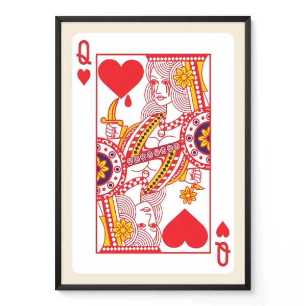Illustration of the Queen of Hearts playing card in red and yellow with decorative details