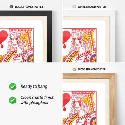 Three framed poster options displayed side by side: black, white, and wood frames, with descriptions of features.