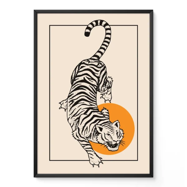 Illustration of a tiger with black stripes pouncing over an orange circle, framed in black.