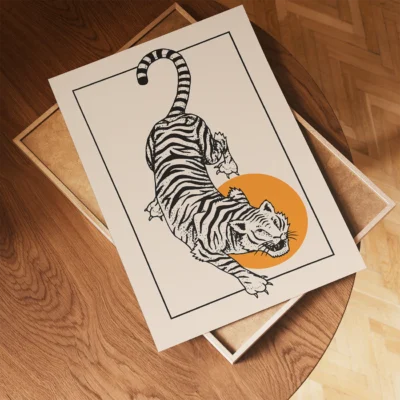 Art print of a leaping tiger with black stripes and an orange sun background
