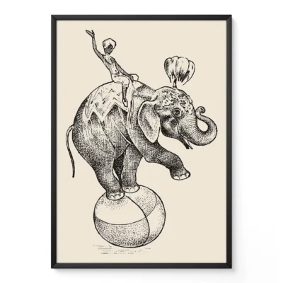 A black and white illustration of an elephant balancing on a beach ball with a performer on its back
