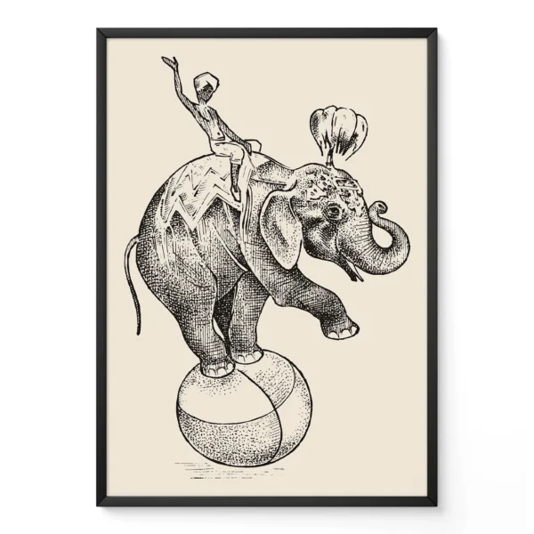 A black and white illustration of an elephant balancing on a beach ball with a performer on its back