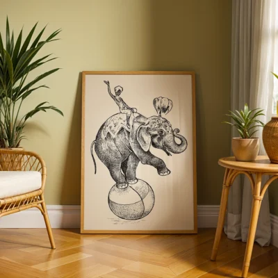 An illustration of a circus elephant performing on a beach ball, featuring a performer on its back and a hot air balloon above.