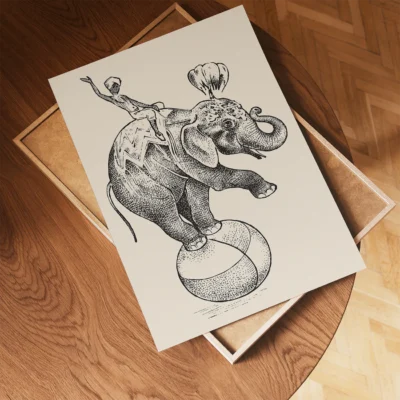 A detailed illustration of an elephant balancing on a beach ball with a performer on its back, depicted in a fine line art style.
