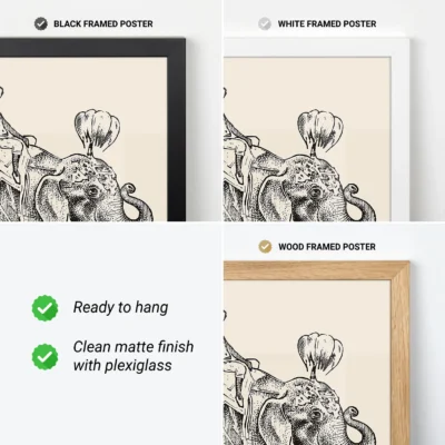 Collage of three framed poster options in black, white, and wood frames with an illustration inside.