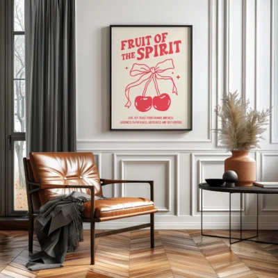 A framed print titled 'Fruit of the Spirit' displaying cherries and a bow, hanging on a white wall in a modern living room.