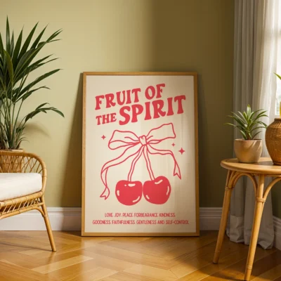 Poster displaying the phrase 'Fruit of the Spirit' with cherries and a list of spiritual fruits