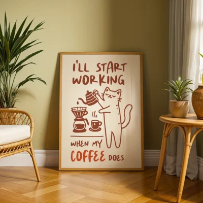 A poster with a cheerful cat and the text 'I'LL START WORKING WHEN MY COFFEE DOES', surrounded by indoor plants and a cozy chair.
