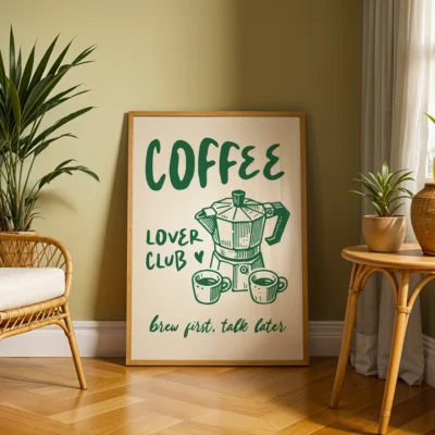 Art print with 'Coffee Lover Club' text and moka pot illustration
