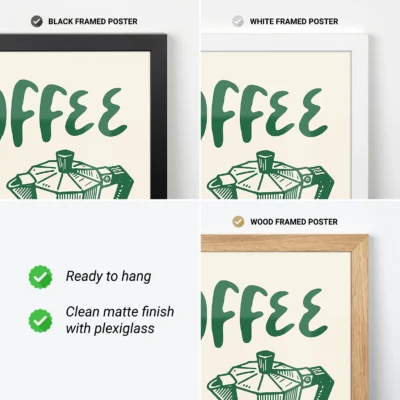 Three framed options for a coffee-themed poster: black, white, and wood frames, with features highlighted.