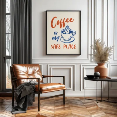 A stylish living room with a leather armchair and a framed artwork that says 'Coffee is my SAFE PLACE'.