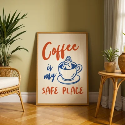 Framed artwork reading 'Coffee is my SAFE PLACE' with a coffee cup illustration, surrounded by plants and a rattan chair.