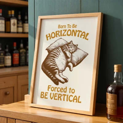 A framed poster of a lounging cat with text that reads 'Born To Be HORIZONTAL, Forced to BE VERTICAL,' displayed in a room with wooden shelves.