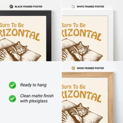 A collection of framed posters with a cat illustration and text 'Born To Be HORIZONTAL'. The frames are black, white, and wood, displayed with details about their features.