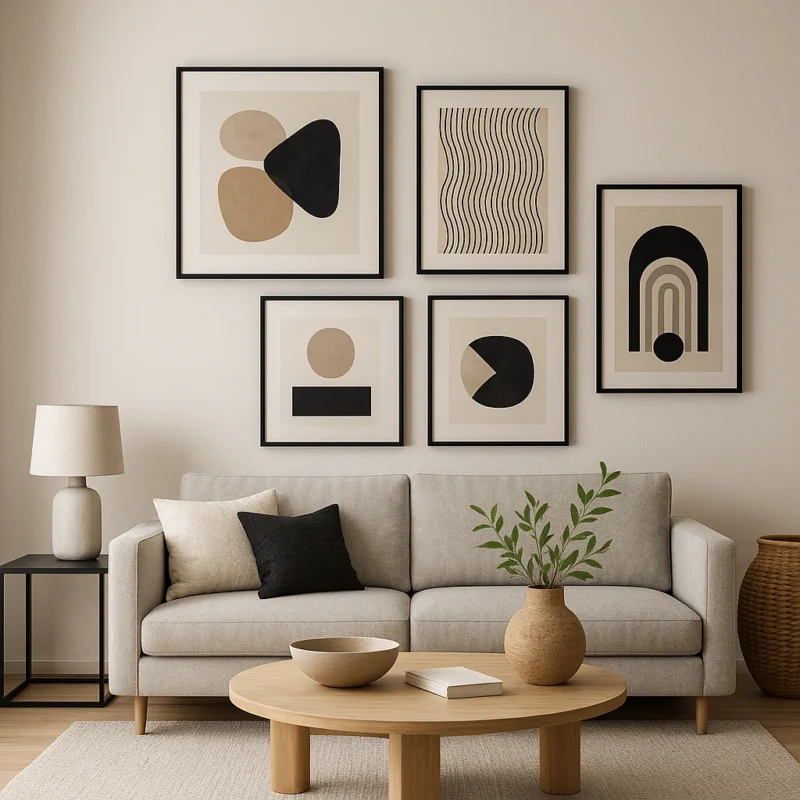 A modern living room with a gray sofa, abstract art on the wall, a wooden coffee table, and a lamp.