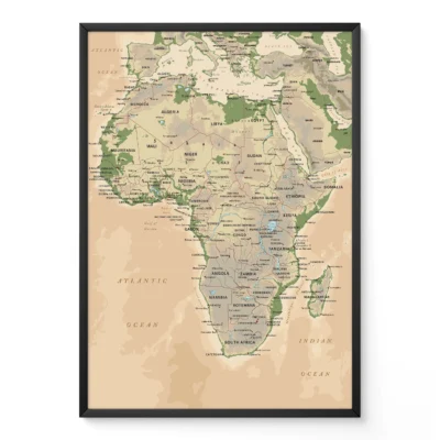 Framed map of Africa with labeled countries and geographic features