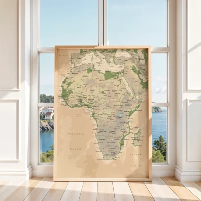 A detailed map of Africa mounted in a bright room with scenic views.