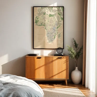 A wooden side cabinet in a bedroom with a framed map of Africa on the wall and a modern vase with a plant next to it.