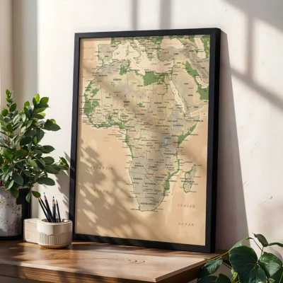 Framed vintage map of Africa on a desk with a plant in the background.