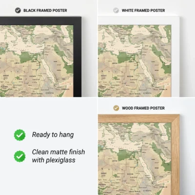 Three different framed map posters in black, white, and wood frames, showcasing a map of the Middle East.