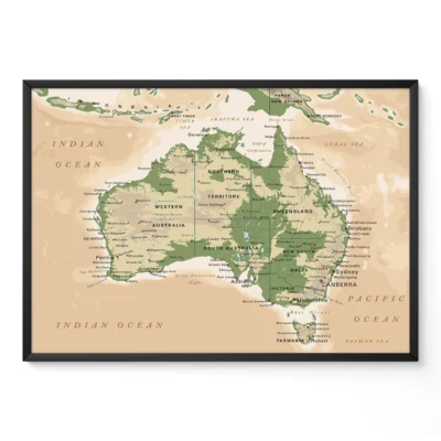 Artistic map of Australia with state boundaries and major cities