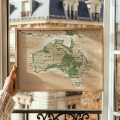 A framed map of Australia being held by a person against a backdrop of a cityscape through a window
