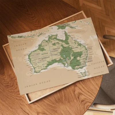 Vintage map of Australia with highlighted regions and ocean labels.