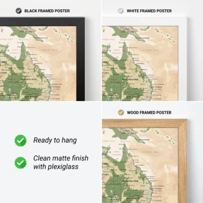Three framed map posters of Queensland, Australia in black, white, and wood frames with descriptions of features.