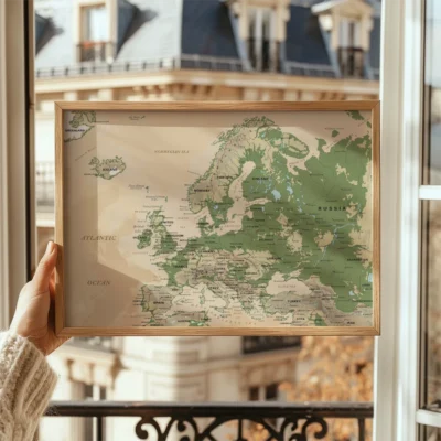 A person holding a framed map of Europe in front of a window with natural light.